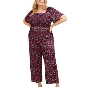 Draper James New Jumpsuit Smocked Square Neck Black Red Floral Women’s Size XXL